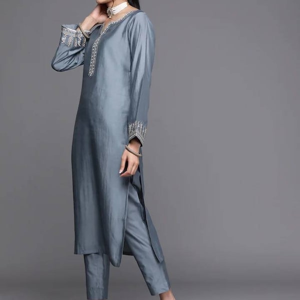 Silk Party Wear Kurta Set - Grey Embroidered Silk Straight Kurta  with Trousers pant - Indian Wedding Wear - Indian Tunic - Party Wear kurta