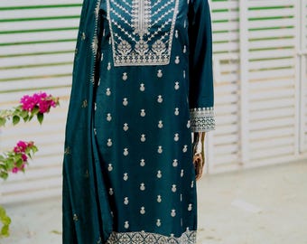 Teal Embroidered Kurta Palazzo Set: Indian Salwar Kameez, Plus Size