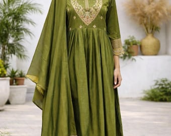 Olive Green Silk Anarkali Dress: Thread Gota Work Kurta Set
