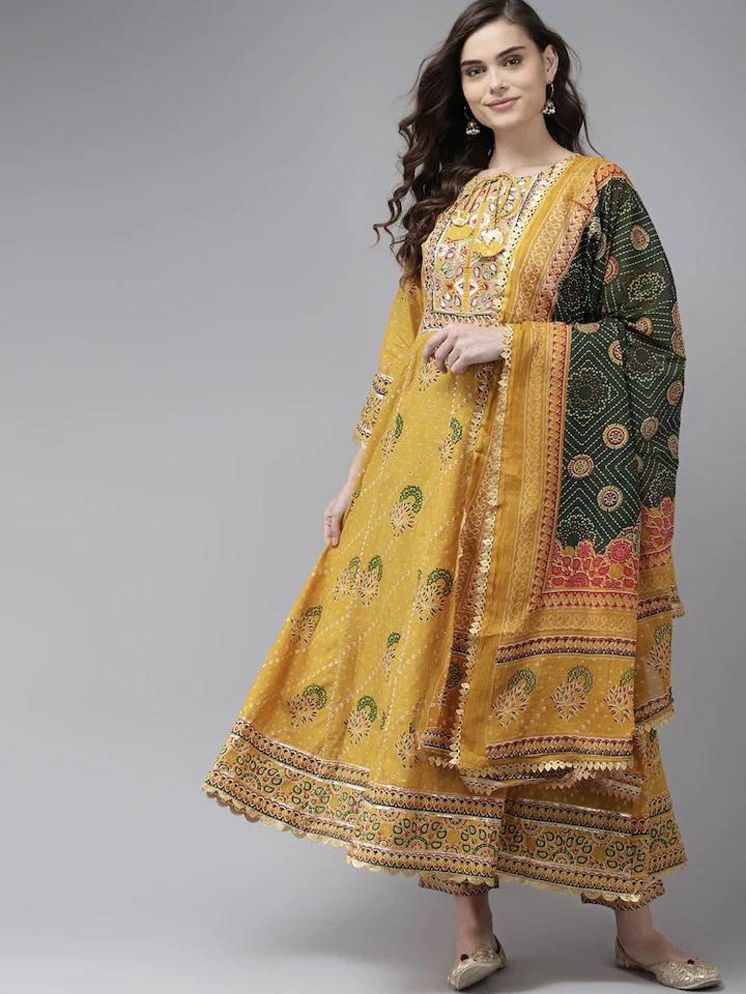 Anarkali Kurta With Trousers and Dupatta for Women Yellow Embroidered ...