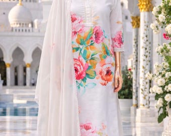 Floral Embroidered Kurta Palazzo Set: Indian Cotton Salwar Kameez