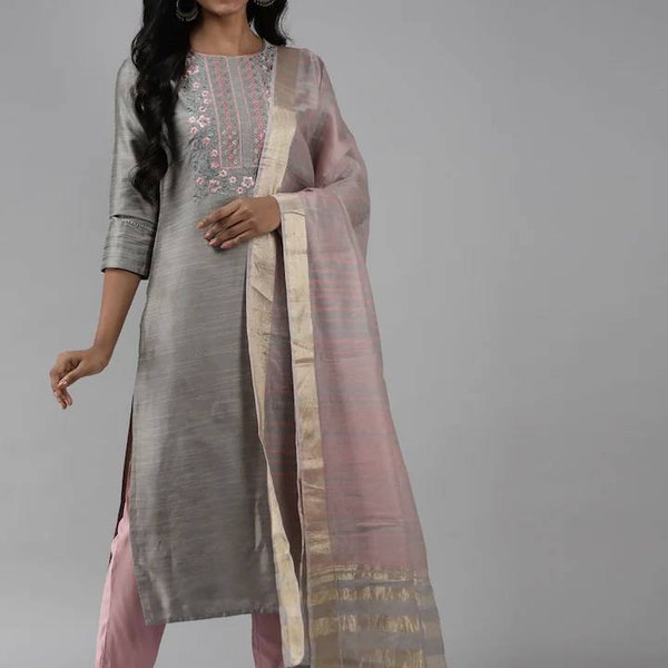 Indian Party Wear Kurta Trouser Set • Grey and pink Yoke Design Straight Kurta With Trousers & Dupatta • Kurta Sets • Indian Dress For Women