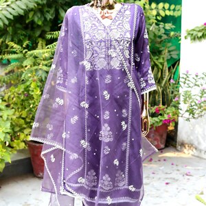 Indian Party/Festive Wear Dress For Women - Embroidered Silk Kurta Set - Kurta With Trousers And Dupatta - Kurta Pant Set - Salwar Kameez