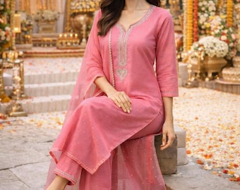 Pink Silk Kurta Set: Zari Embroidered Indian Wedding Outfit