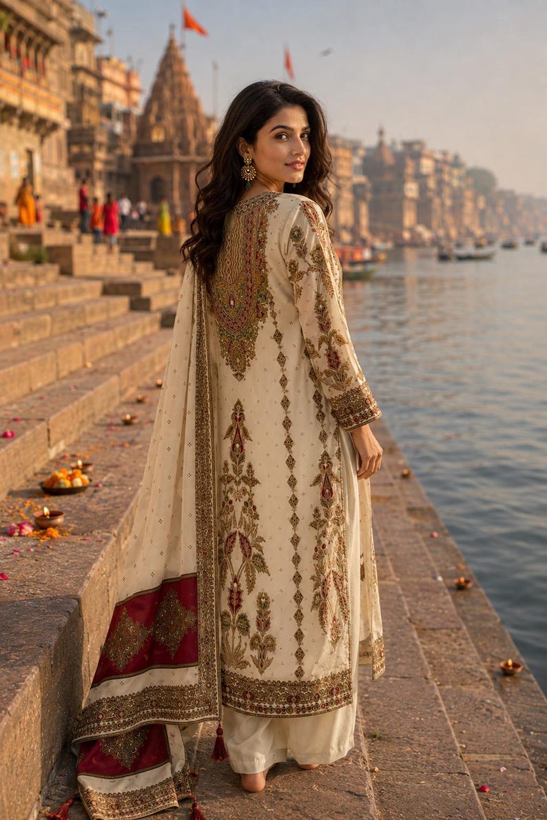 May include: An off-white long-sleeved tunic and matching trousers featuring intricate gold, red, and green embroidery patterns. A coordinating shawl with a deep red border and gold embellishments drapes over the shoulder.