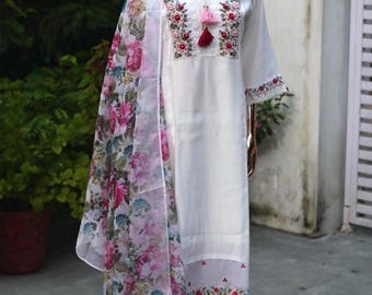 Floral Embroidered Kurta Palazzo Set: Indian Cotton Salwar Kameez