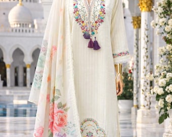 Floral Embroidered Kurta Palazzo Set: Off White Indian Dress