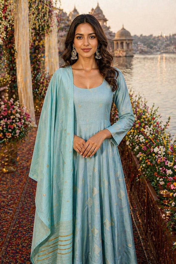 dusty blue indian dress Silk Kurta Set With Dupatta for Women | Ethnic Outfit | Wedding Guest | Festive Salwar Kameez Set BUY X GET Y-EU Blue Dress Png Transparent sleeve:35 36 Custom stitching takes 4