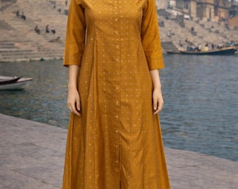 Printed Mustard Yellow Anarkali Kurta | Silk  Indian Tunic Dress | party wear long kurta gown