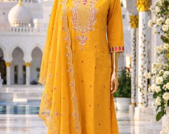 Mustard Yellow Silk Blend Kurta Set: Embroidered Indian Wedding Salwar Kameez
