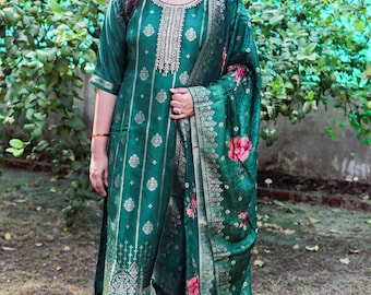 Green Floral Kurta Set: Silk Blend Salwar Kameez with Dupatta