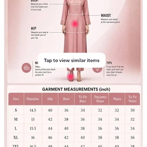 May include: A dusty rose long-sleeved tunic and trousers set with embroidery at the neckline. The image includes a measurement guide for bust, waist, and hip, alongside a table titled GARMENT MEASUREMENTS (inch) listing sizes S to 3XL.