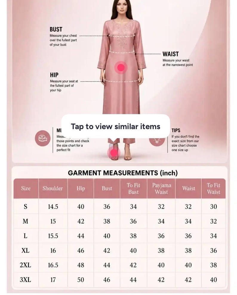 May include: A dusty rose long-sleeved tunic and trousers set with embroidery at the neckline. The image includes a measurement guide for bust, waist, and hip, alongside a table titled GARMENT MEASUREMENTS (inch) listing sizes S to 3XL.