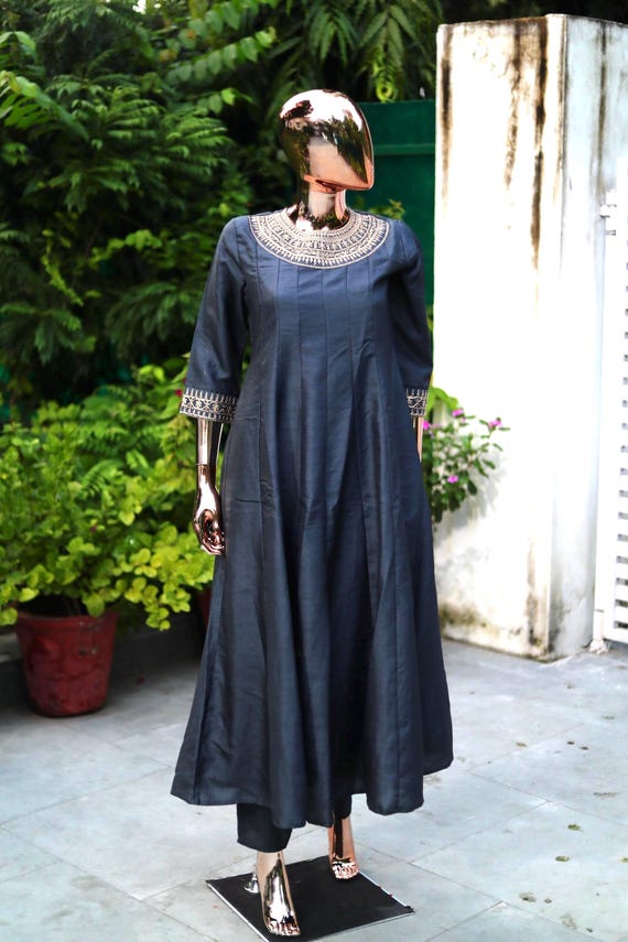 grey dress indian Anarkali Kurta Dress: Embroidered Sequined Party Wear Curvy Wear