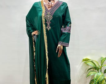 Green Silk Salwar Kameez Suit: Pakistani Wedding Outfit with Dupatta