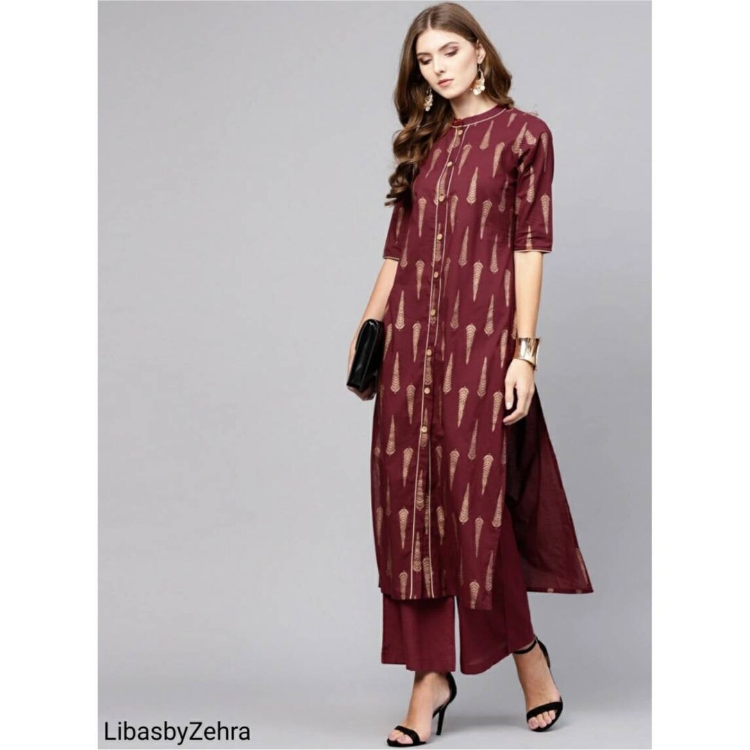 Granate y dorado estampado Kurta Palazzo SetVestido indio para mujeres
