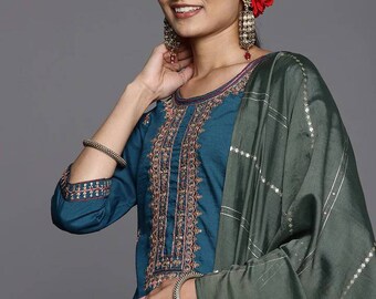Silk Kurta Set For Indian Party Wear - Bule Embroidery Silk Straight Kurta Set - Indian Kurta  Palazzos - Pakistani Salwar Suit - Tunics