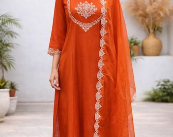 Embroidered Orange Silk Blend Kurta Palazzo Dupatta: Indian Wedding Wear