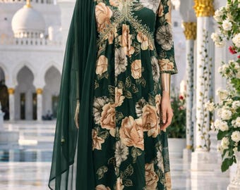Floral bestickte Kurta Set: Grüne indische Hochzeit Party Wear