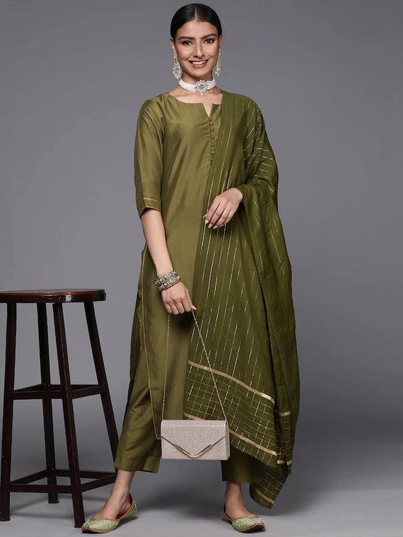 Buy Pista Green Chanderi Silk Kurti Palazzo Set with Gotta work