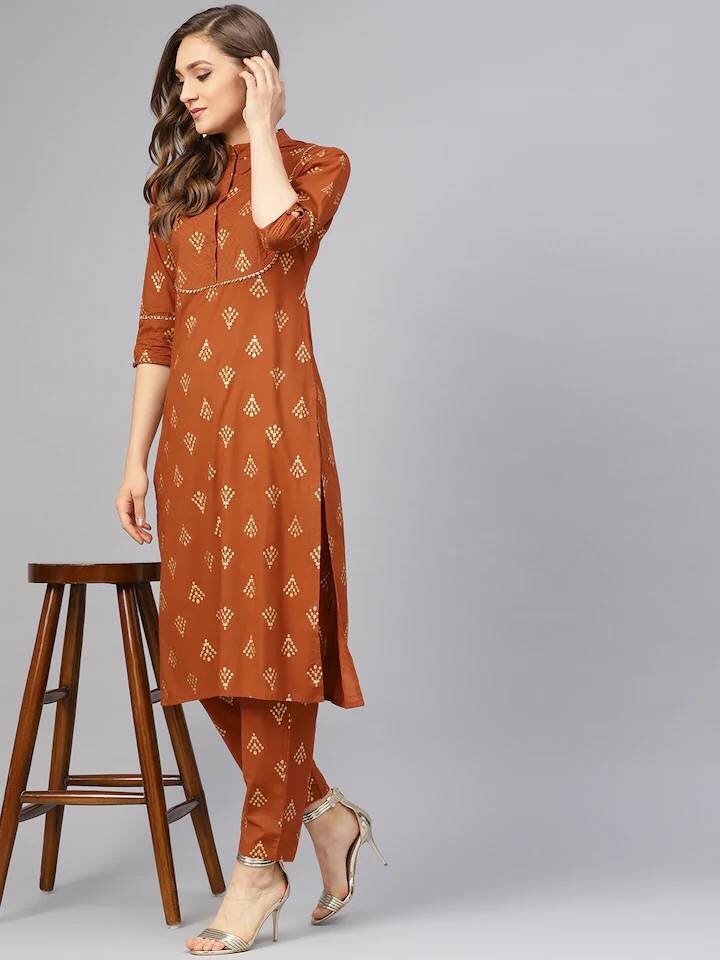Women Mustard Yellow & Pink Printed Lace Details Kurta with Mustard Print Palazzos