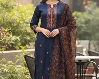 Conjunto de kurta con dupatta y estampado de seda negra / Elegante traje étnico para mujer / Ropa festiva y de fiesta / Traje indio / Hecho a mano