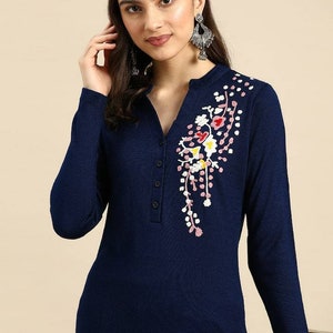 Winter Woolen Kurta - Navy Blue  hand Embroidered Yoke Design Pashmina Wool Straight Kurta - Kashmiri Kurta - Indian Long Tunic - Kurti