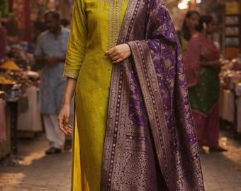 Ensemble kurta en soie pour femme | Kurta & Palazzo en soie indienne | Tenue ethnique pour les fêtes/soirées