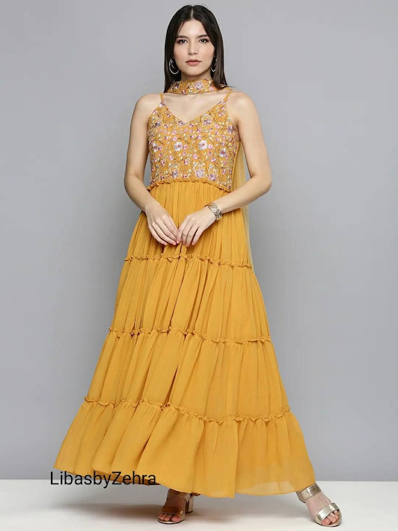 Buy Plus Size Yellow Sleeveless Maxi Dress With Dupatta Party Wear