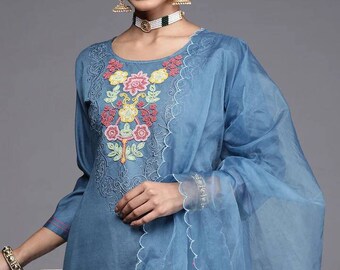 Kurta Palazzo With Dupatta - Kurta Set For Women - Salwar Kameez - Blue Yoke Design Kurta Palazzos With Dupatta - Indian Dress