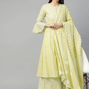 Pure Cotton Printed Kurta Sets - Indian Summer Wear - Lime Green & Off-white Kurta Set - Palazzo Set  - Plus Size - 3Xl - Indian Kurta