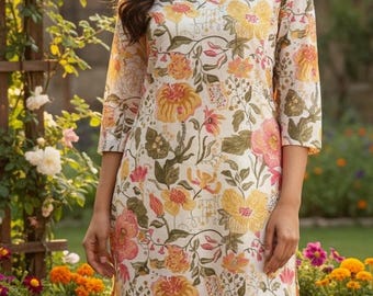Pure Cotton Floral Kurta Set | Summer Kurti Pant Set for Women | Handblock Style Print | Comfortable Everyday Wear | XS-XXL