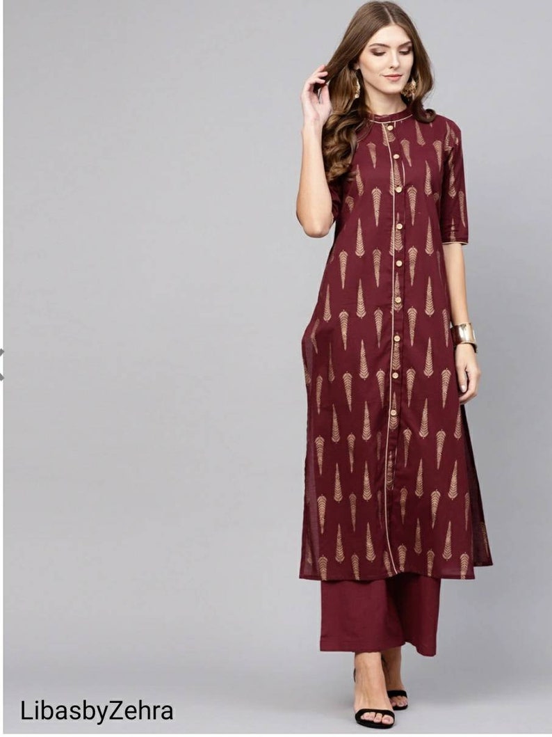 Granate y dorado estampado Kurta Palazzo SetVestido indio Etsy España