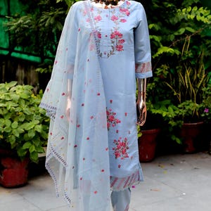 Indian Party / Wedding Wear For Women - Grey and red  Silk Embroidered Straight Kurta With Trousers & Dupatta - Kurta Sets - Salwar Kameez