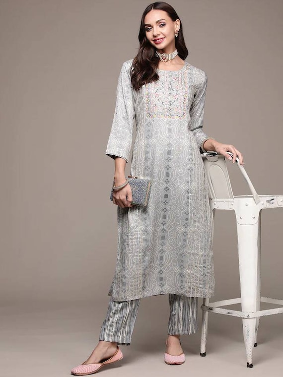 Grey Color Banarasi Silk Kurti