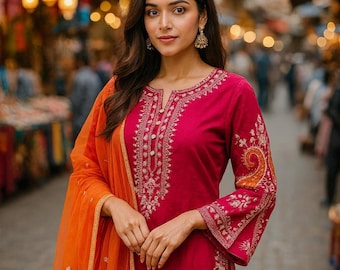 Ensemble kurta en soie pour femme | Kurta & Palazzo en soie indienne | Tenue ethnique pour les fêtes/soirées