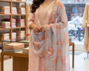 Pink Silk Embroidered Kurta Set for Women | Organza Floral Dupatta | Indian Ethnic Outfit | Festive & Wedding Wear | XS–XXL