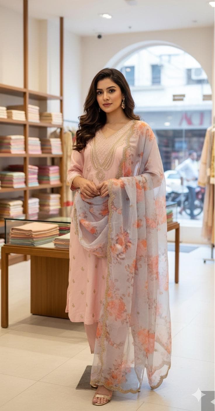 Pink Silk Embroidered Kurta Set for Women Organza Floral Dupatta Indian Ethnic Outfit Festive & Wedding Wear XS-XXL