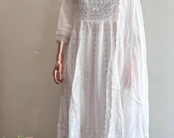 Designer Embroidered Kurta Set - White Embroidered  Kurta Cotton Trousers  Dupatta - Indian Party/Wedding Wear For Women - Aline anarkali