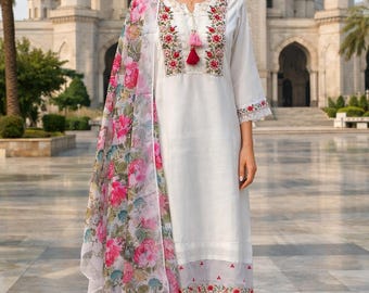 White Salwar kameez | Floral Embroidered Kurta Palazzo Set | Indian Cotton Salwar Kameez