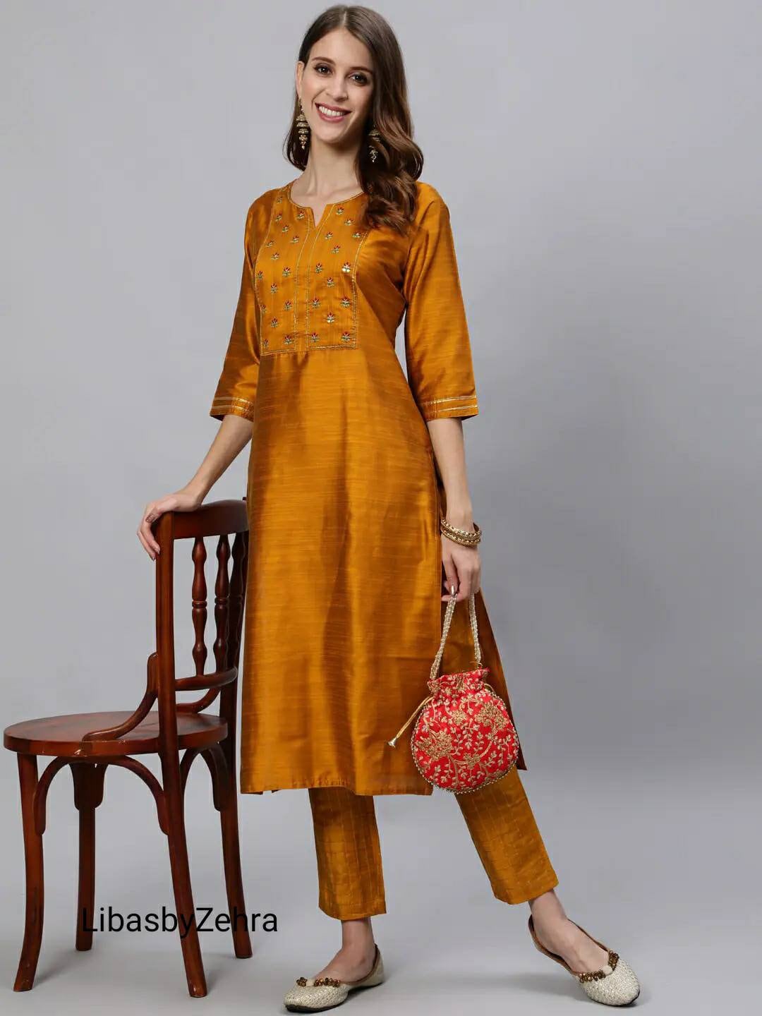 Mustard Yellow Embroidered/ Thread Work Straight Kurta With Trousers