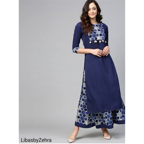 Navy blue solid kurta set- kurta Palazzo set - kurti set for women- indian tunic-  ethnic dress- 100% cotton kurta set- indian kurti casual