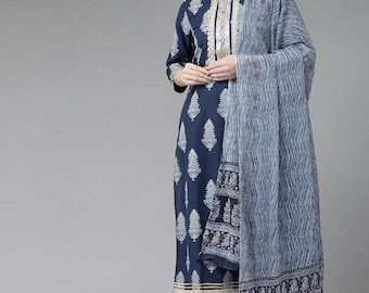 Indian Salwaar Kameez Set - Blue Printed Gota Patti Kurta With Trousers & Dupatta - Kurta Sets For Women - Summer Wear - Plus Size Kurta Set