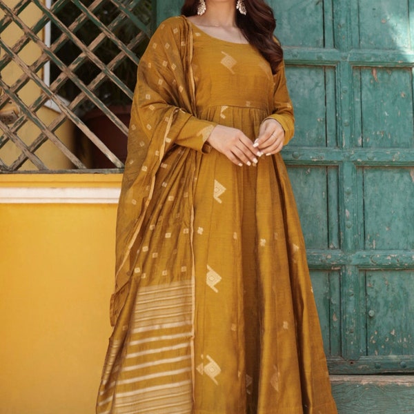 Silk Brocade Anarkali Kurta Set - Mustard and Gold  Anarkali Kurta With Trousers - Kurta Palazzo Set - Indian Party Wear - Salwar Kameez Set