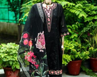 Ensemble Kurta Palazzo brodé noir : Salwar Kameez de mariage indien en organza