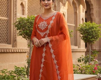 Embroidered Orange Silk Blend Kurta Palazzo Dupatta - Indian Wedding Wear | Festival wear | Casual normal outing Indian dresses for women