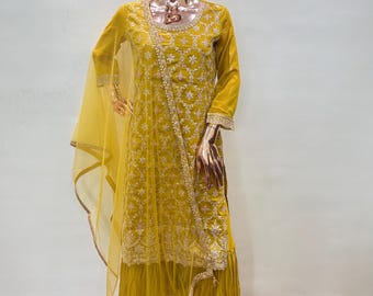 Yellow Silk Embroidered Sharara Set: Indian Party Outfit