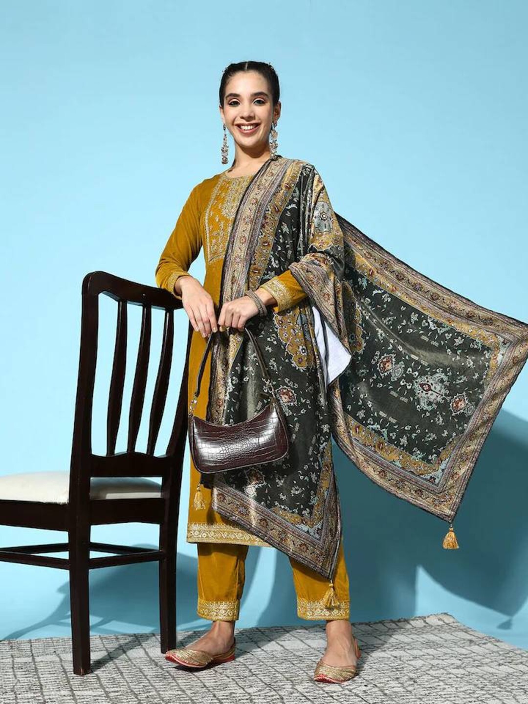 Velvet Kurta Pant Set Mustard Yellow Kurta Palazzo With Dupatta Indian