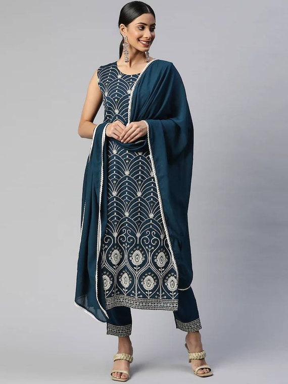 Ropa india para fiesta/boda para mujer Kurta bordada de corte A sin mangas  en verde azulado con palazzo y dupatta Conjunto de traje paquistaní de  talla grande -  España