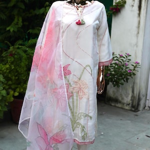 Indian Party / Wedding Wear For Women - white and pink Silk Embroidered Straight Kurta With Trousers & Dupatta - Kurta Sets - Salwar Kameez